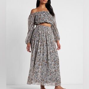 Express x Rachel Zoe Butterfly Printed Off Shoulder Top & Maxi Skirt Set